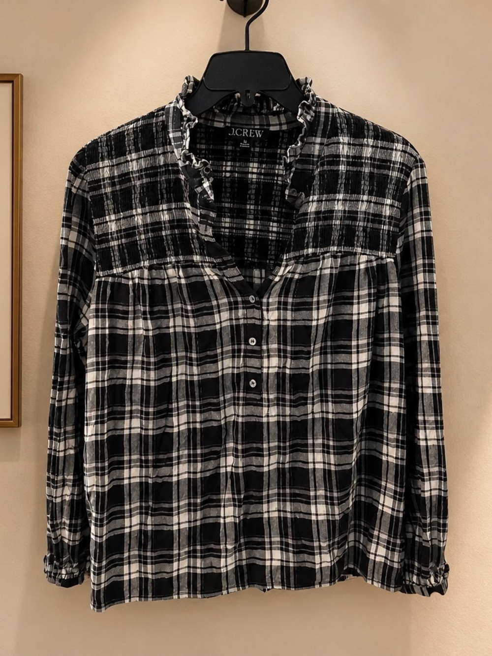J. Crew Black and White Plaid Ruffle Button-Front Shirt